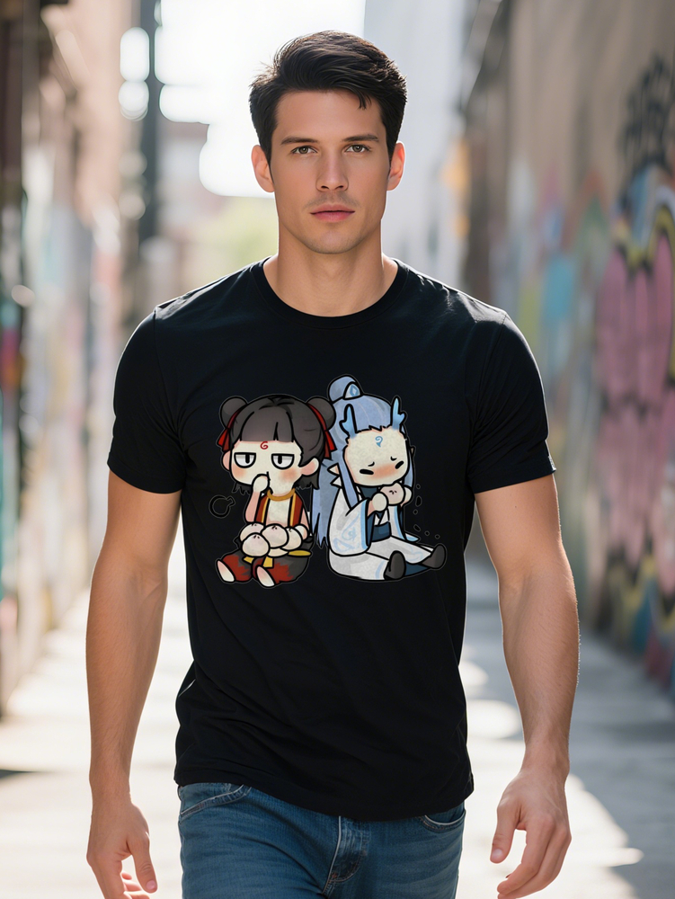 Men S Casual Crew Neck T-Shirt with Anime Inspired Print, Slight Stretch, Regular Fit, Summer Featuring Animated