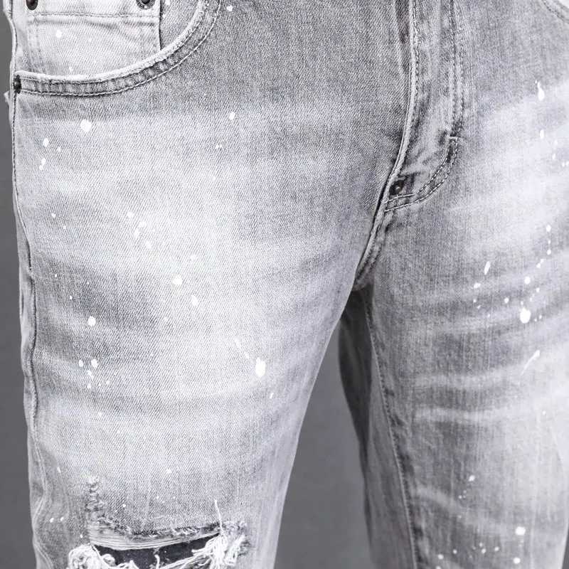 High Street Fashion Mens Split Jeans Vintage Water White Gray Elastic Tight Vintage Jeans Mens Colored Designer Hip Hop Brand X250812