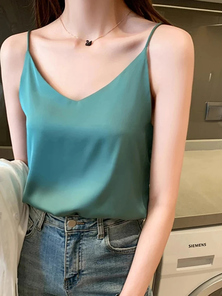 Casual VNeck Sexy Solid Satin Woman Camis Tank Tops Chiffon Sleeveless Camisole Top Halter 250804