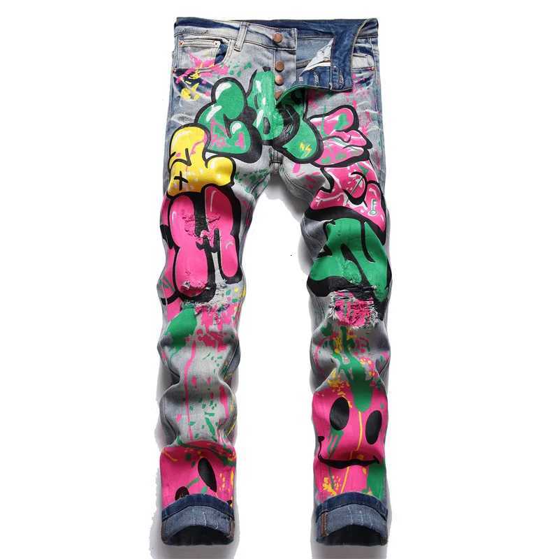 Men Colored Doodle Painted Denim Jeans Streetwear Punk Stretch Denim Print Pants Buttons Fly Holes Ripped Slim Pencil Trousers X250812