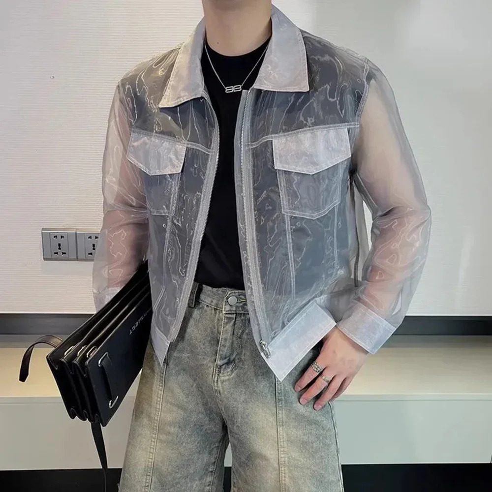Summer Trendy Men Transparent Sunscreen Jacket Fashion Sexy Mesh Long Sleeve Lapel Top Solid Streetwear Zipper Coat 250811