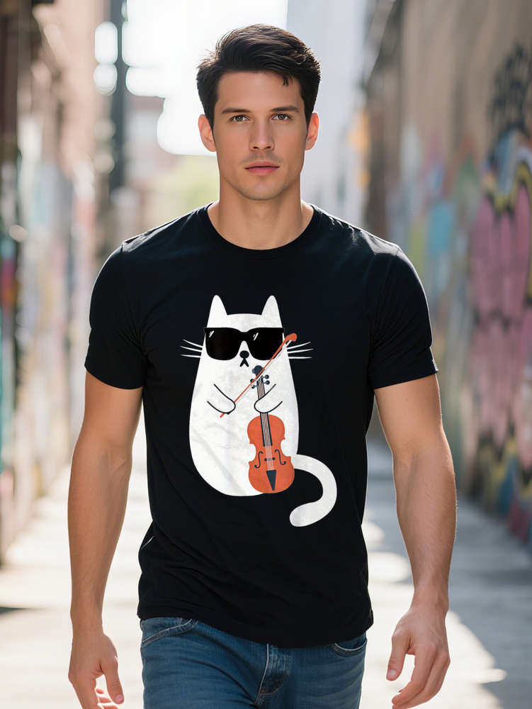 Funny Cat Wearing Fashion Glasses Playing Violin Viola Musician T-Shirt Cotton Fun Design DIY Men's Soft Breathable