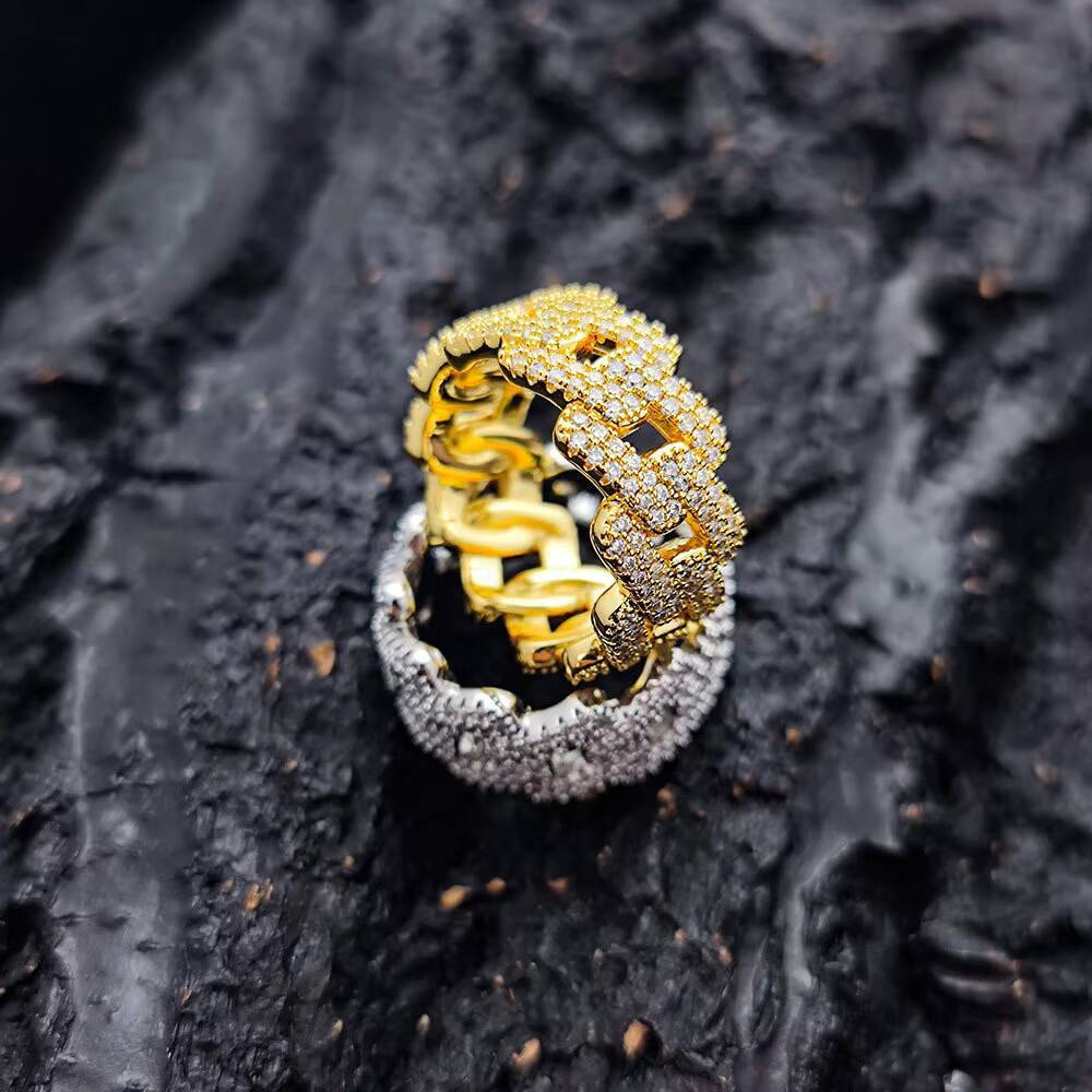 Cuban Gold-Plated Iced Fashion Ring Square Crystal Moissanite Diamond Casual Style Wedding Party Rhodium Plating Number Pattern