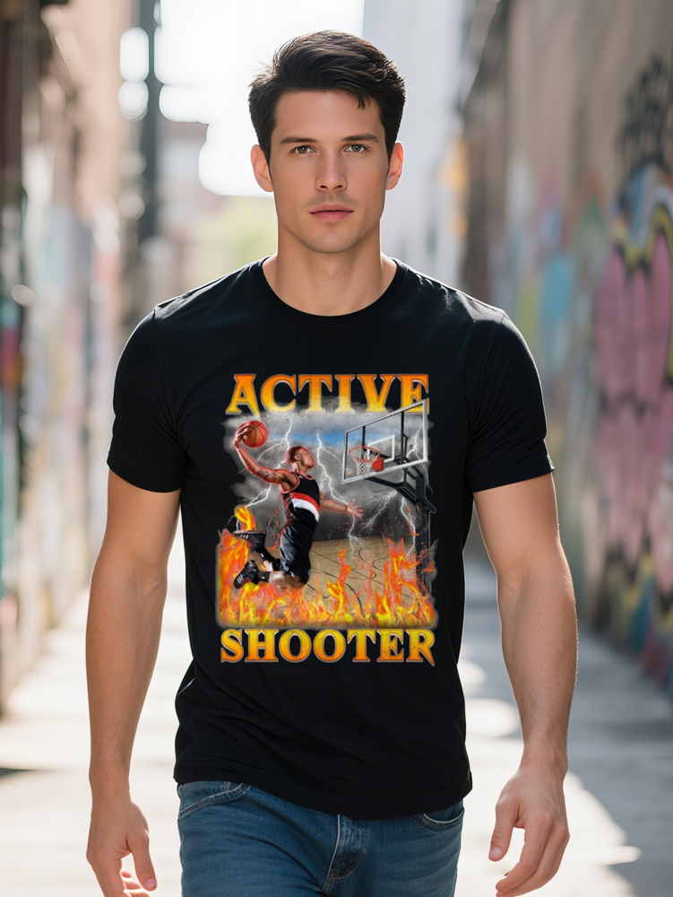 Men S Plus Size Graphic T-Shirt Active Shooter Design with Fiery Player Hoop Casual Short Sleeve Crew Neck Regular
