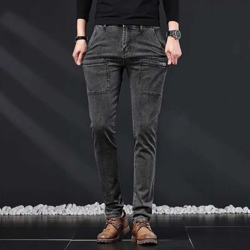 Fashion Design Multi Pocket Jeans Mens New Slim Stretch Skinny Casual Denim Pants Dark Gray Washed Streetwear Mens Trousers X250812