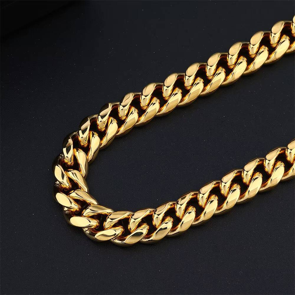 Classic High Polish Heavy Mens Hiphop Stainless Steel Chunky Maimi Curb Cuban Link Chain Men 18k Gold Plated Necklace