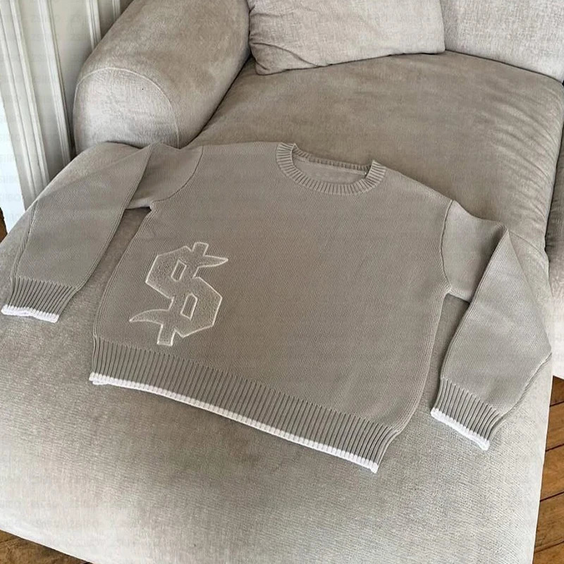 Aesthetics Letters Jacquard O-Neck Long Sleeved Knitwear Autumn Winter Lovers Flocking Loose Warm Oversized Sweater 250805