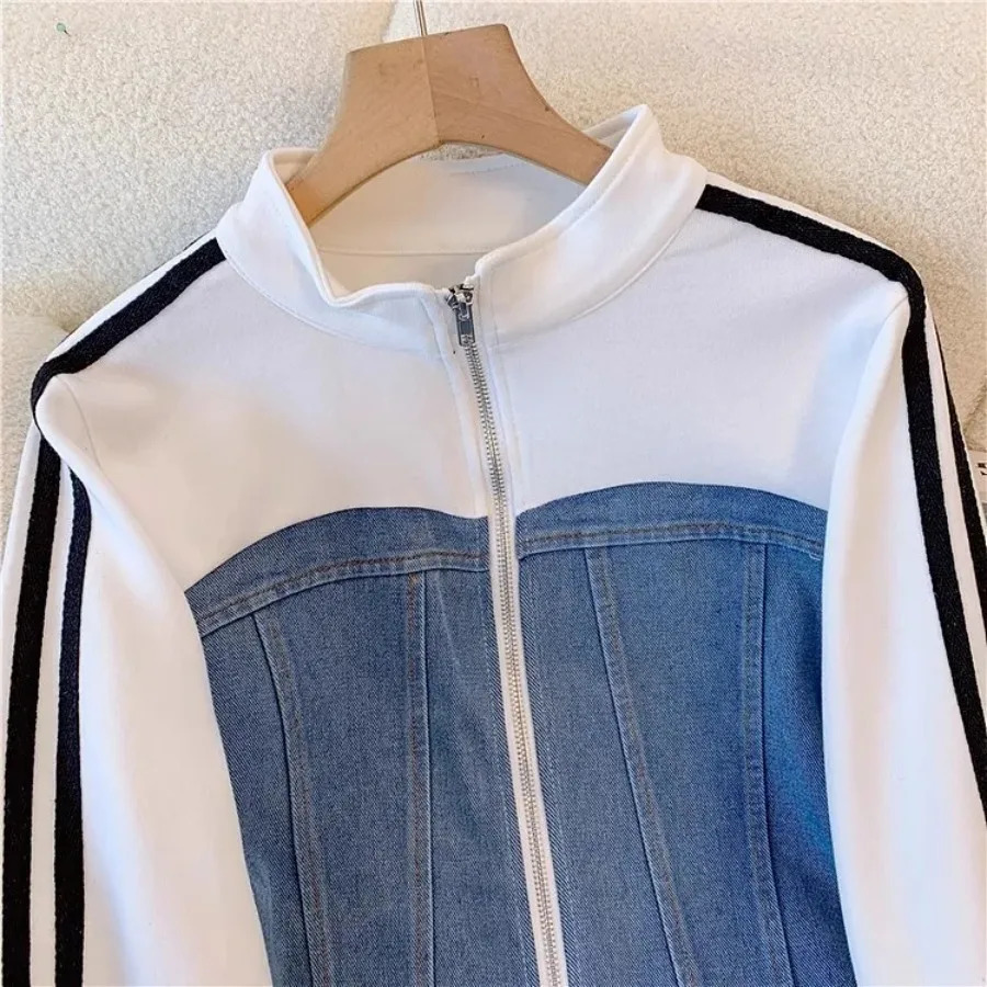 Women Denim 2 Piece Set Striped Long Jacket Lace Up Washed Distressed Wide Leg Pant Autumn Female 2025 Streetwear Matching Sets 250808