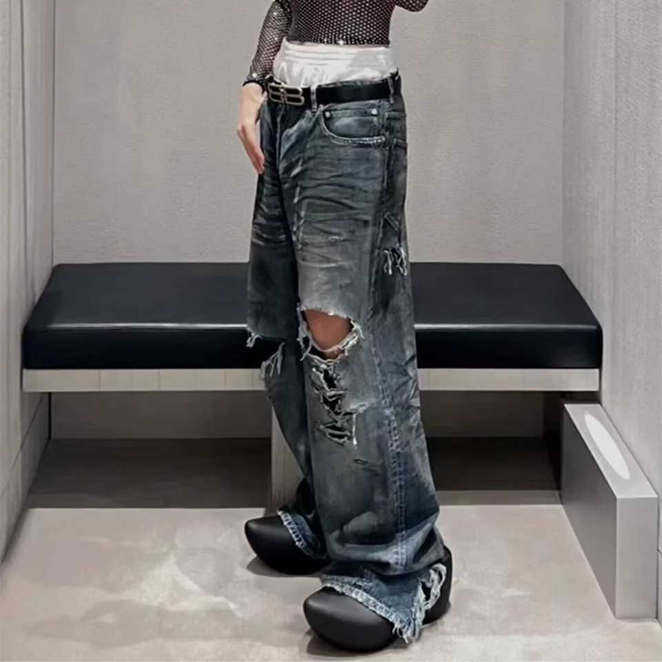 Frayed Damaged Hole Baggy Wide Leg Jeans for Men and Women Streetwear Casual Mens Clothing Denim Trousers Oversized Cargo Pants X250812