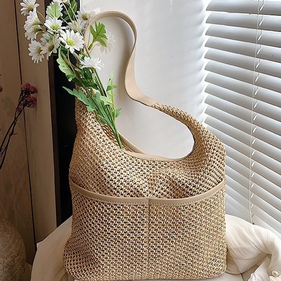 Woven Fresh Single Shoulder Underarm Tote Bucket Korean Classic Straw Women's Beach Bag Literary Forest Style