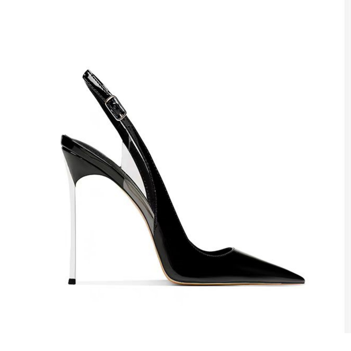 Metallic Heel Pointed Toe Sandals - Wide Fit Size 47 Glossy PU Ankle Strap (Peacock Blue/Nude/Black)