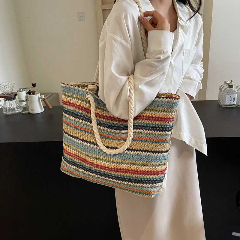 Straw Fabric Woven Design Women Tote Bags Rainbow Color Large Capacity Summer Beach Shoulder Shopper Bag Casual Commute Handbags Z250812