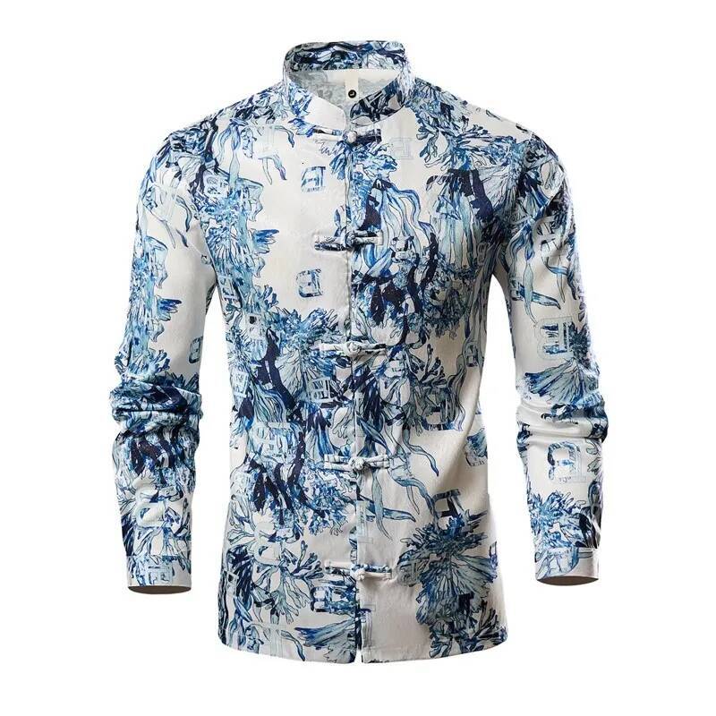 New Chinese Style Print Casual Shirts Men's Long Sleeve Stand Collar Vintage Flower Shirt Male Beach Fashion Blouse Plus Size ddmymarket