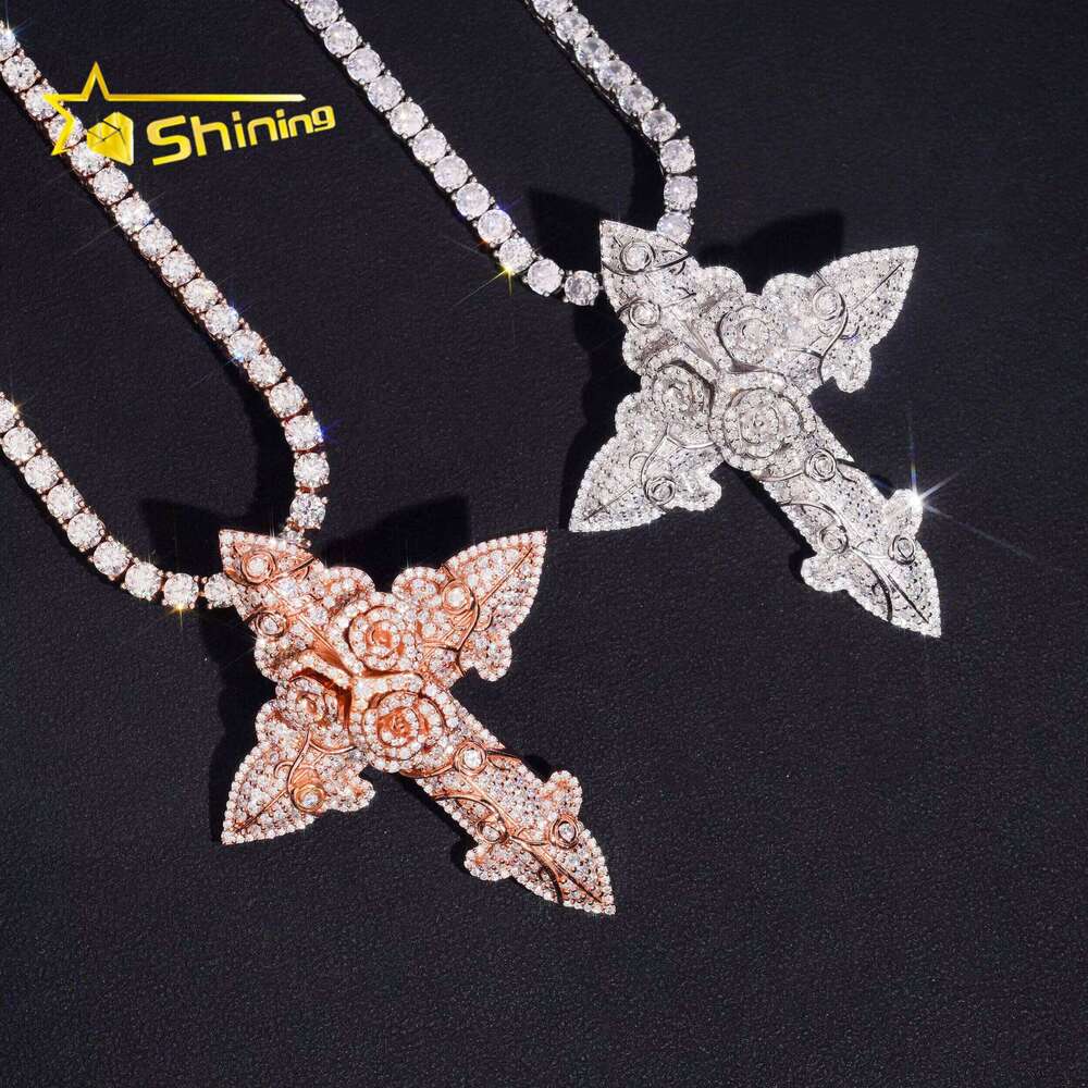 Hip Hop Rose Cross Sterling Sier Gold Plated Moissanite Iced Out Dia Charm Pendant