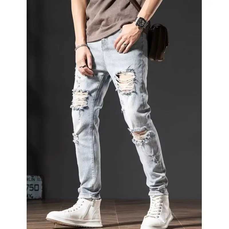Trendy Brand Ripped Light-Color Jeans Mens 2025 Spring Summer Thin Slim-Fit Pants Ruffian Hands Pants Ripped Jeans Men Clothing X250812