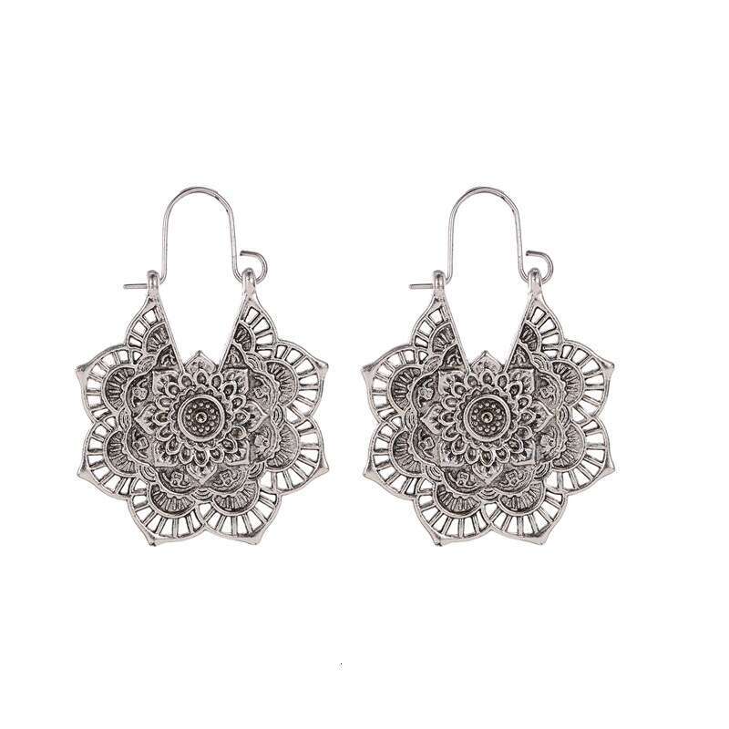 Ethnic Exotic Metal Hollow Flower Earrings Bohemian Carved Palace Style Ear Pendants