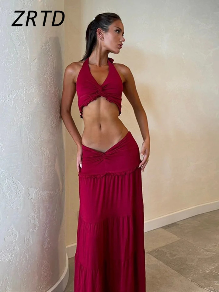Sexy Halter Vest Skirt Sets Women Solid Crop Bikini Top Long Pleated A-line Skirts 2025 Spring Summer Lady Vacation Beach Outfit 250811