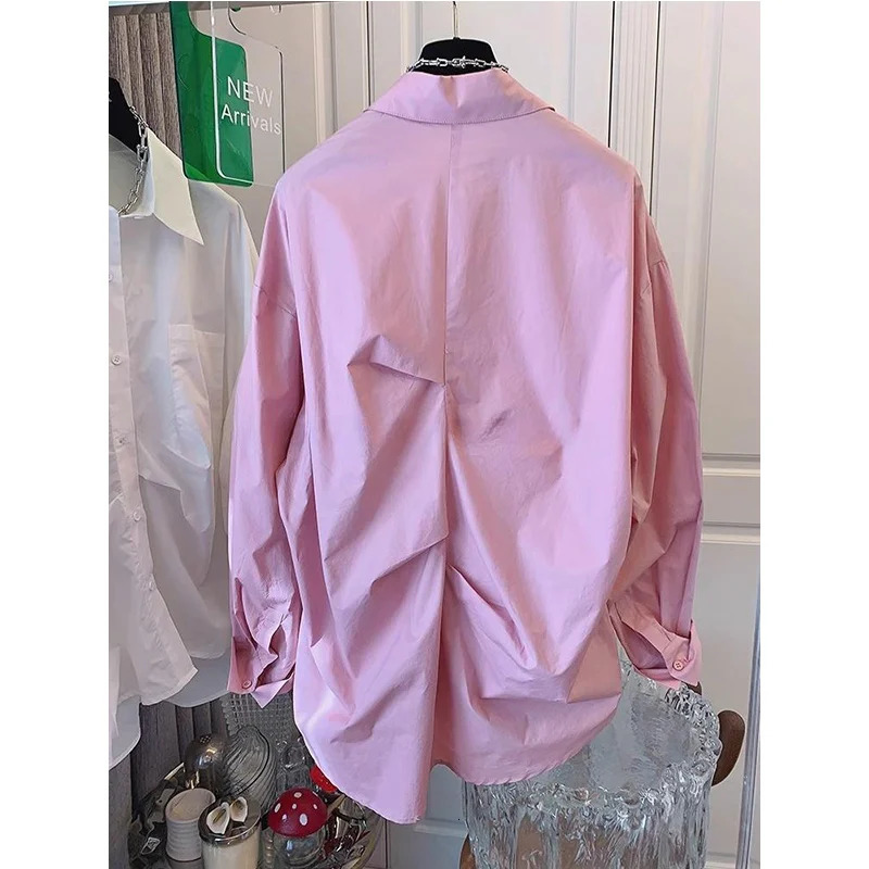Simplicity Pleated Irregular Patchwork Long Sleeve Blouse Female Casual Autumn Buttons Solid Color Turn-down Collar Women Shirts 250811