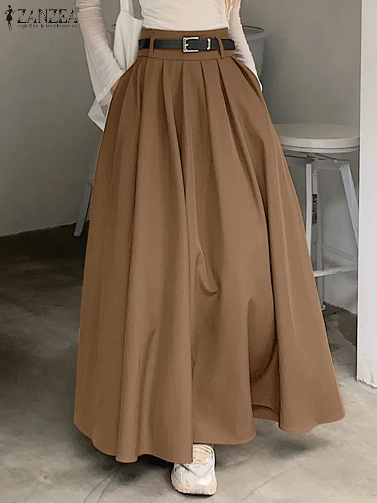 ZANZEA Women High Waist Jupe Autumn Vintage Office Falda Korean Fashion Pleating Swing Skirt Holiday Loose Solid Maxi 250811