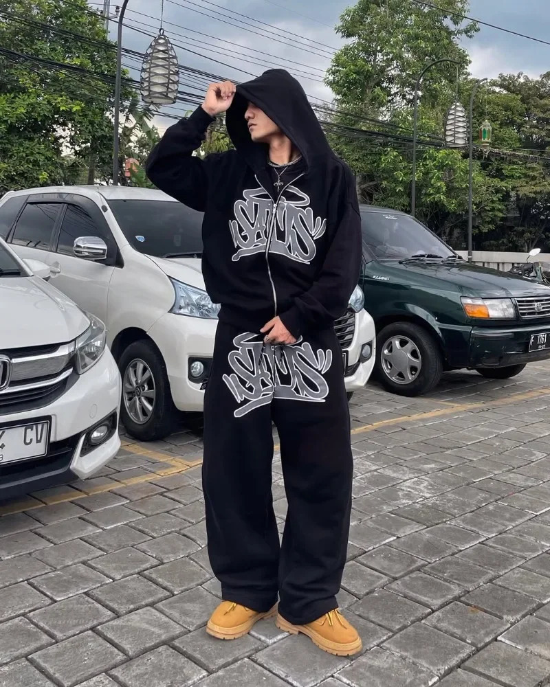 American street fashion personality suit Y2K unisex retro zip hoodie street hip-hop print casual sportswear and trousers 250805