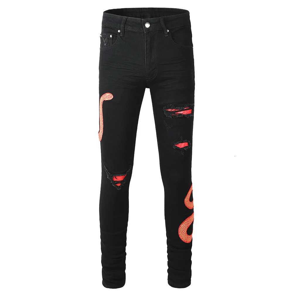 Mens Black Snake Embroidery Stretch Denim Jeans Pants Skinny Tapered Pencil Trousers With Snakeskin Leather Patch X250812