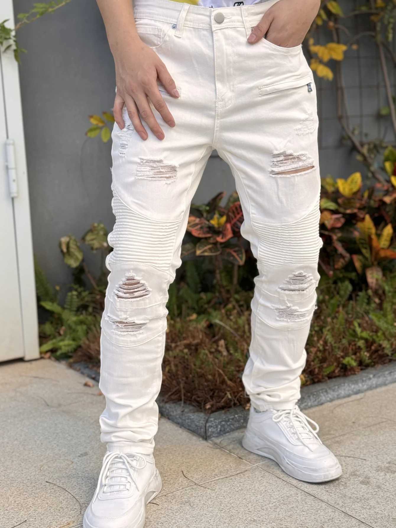 Fashionable Mens Jeans Cool and Stylish Hip Hop Style Casual Pants White Cotton Blend Fabric Breathable and Comfortable X250812