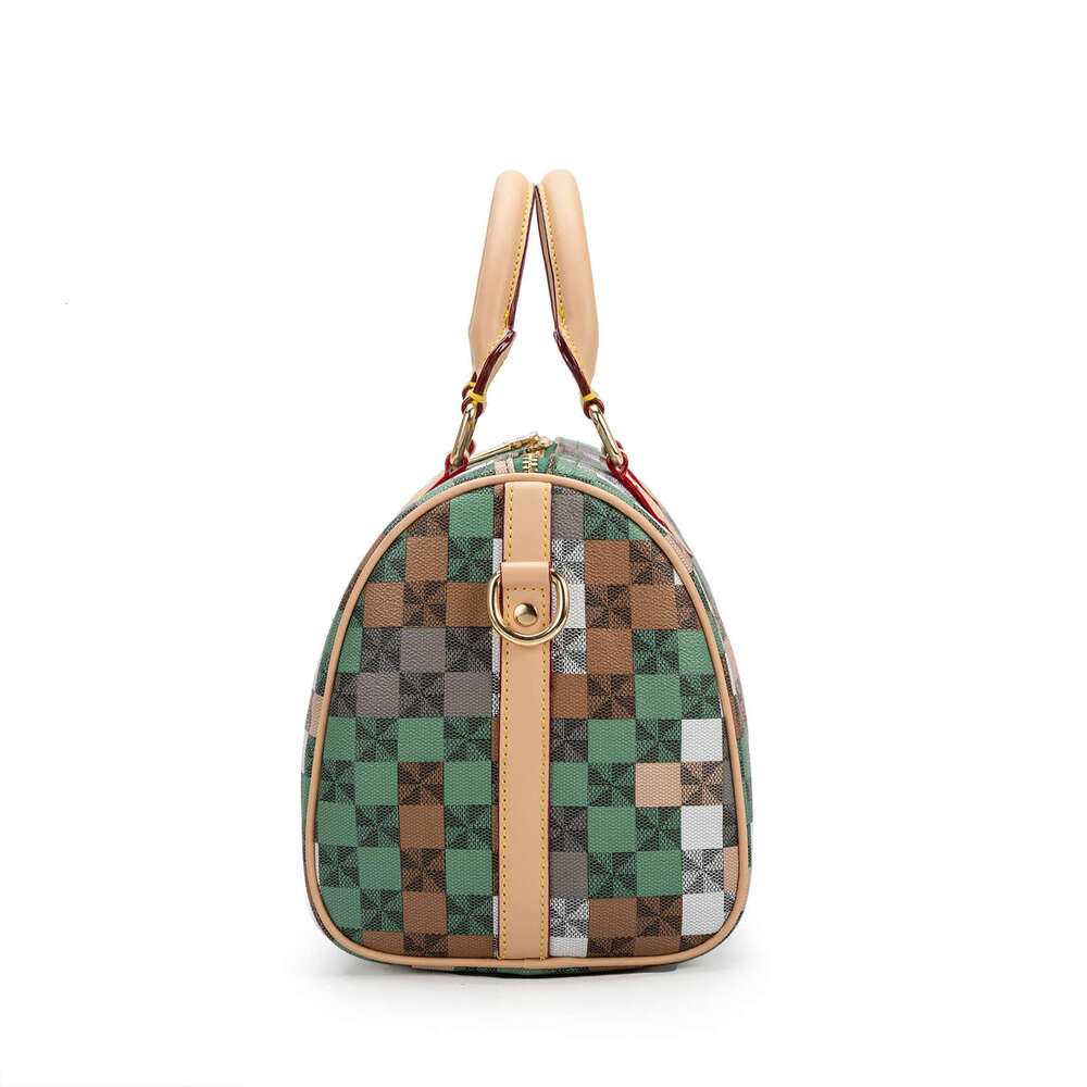 Lacel Urwebin Women's Vintage Checkered Plaid Boston Bag, Green Brown White Gray Pattern, Top Handle & Adjustable Crossbody Strap, PU Leather Mat