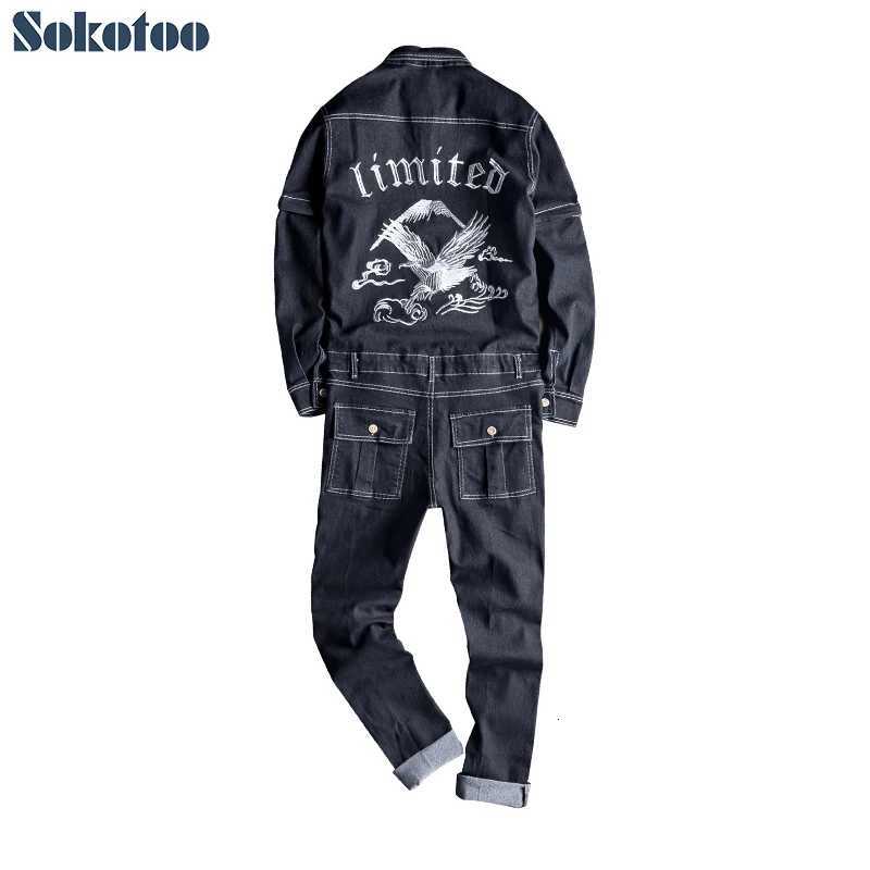 Sokotoo Mens Embroidered Long Detachable Sleeve Black Denim Jumpsuits Casual Embroidered Pockets Cargo Jeans Overalls Pants X250812