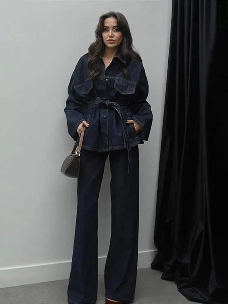 Vintage Belt Denim Jacket Pants Sets Women Lapel Single Breasted Lace Up Coat Straight Trousers 2025 Autumn Loose Lady Outfits 250808