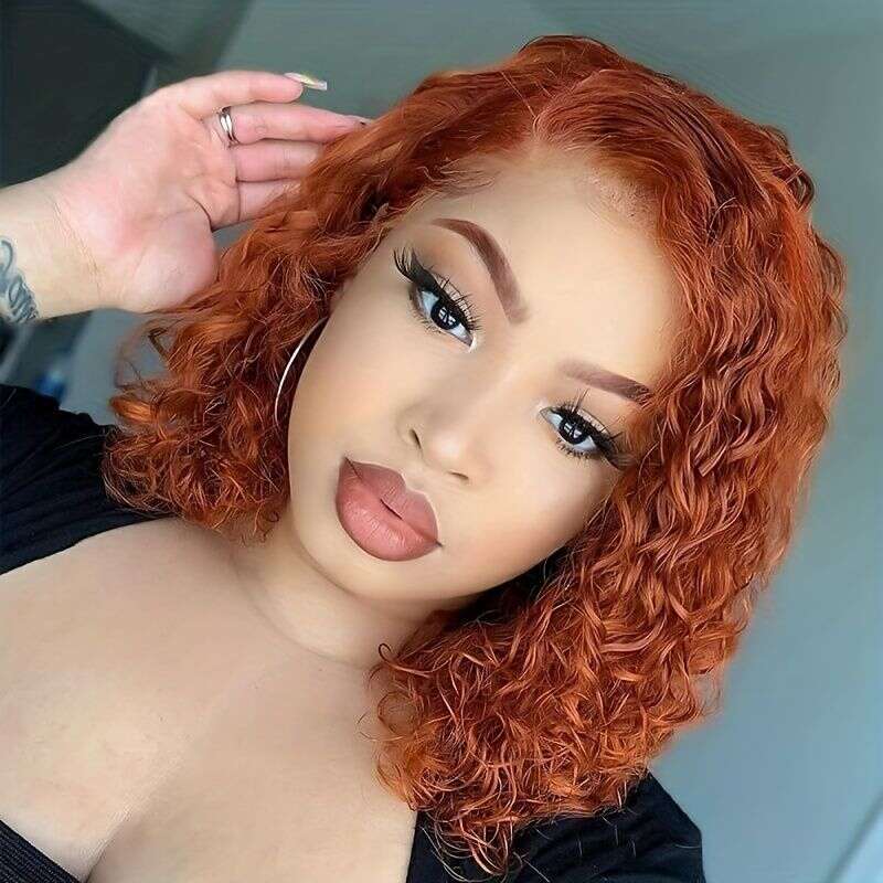 180% 13X4 Bury Ginger Orange Bob Medium Long Deep Wave Curly Wavy Lace Front Human Hair Wig Natural Hairline