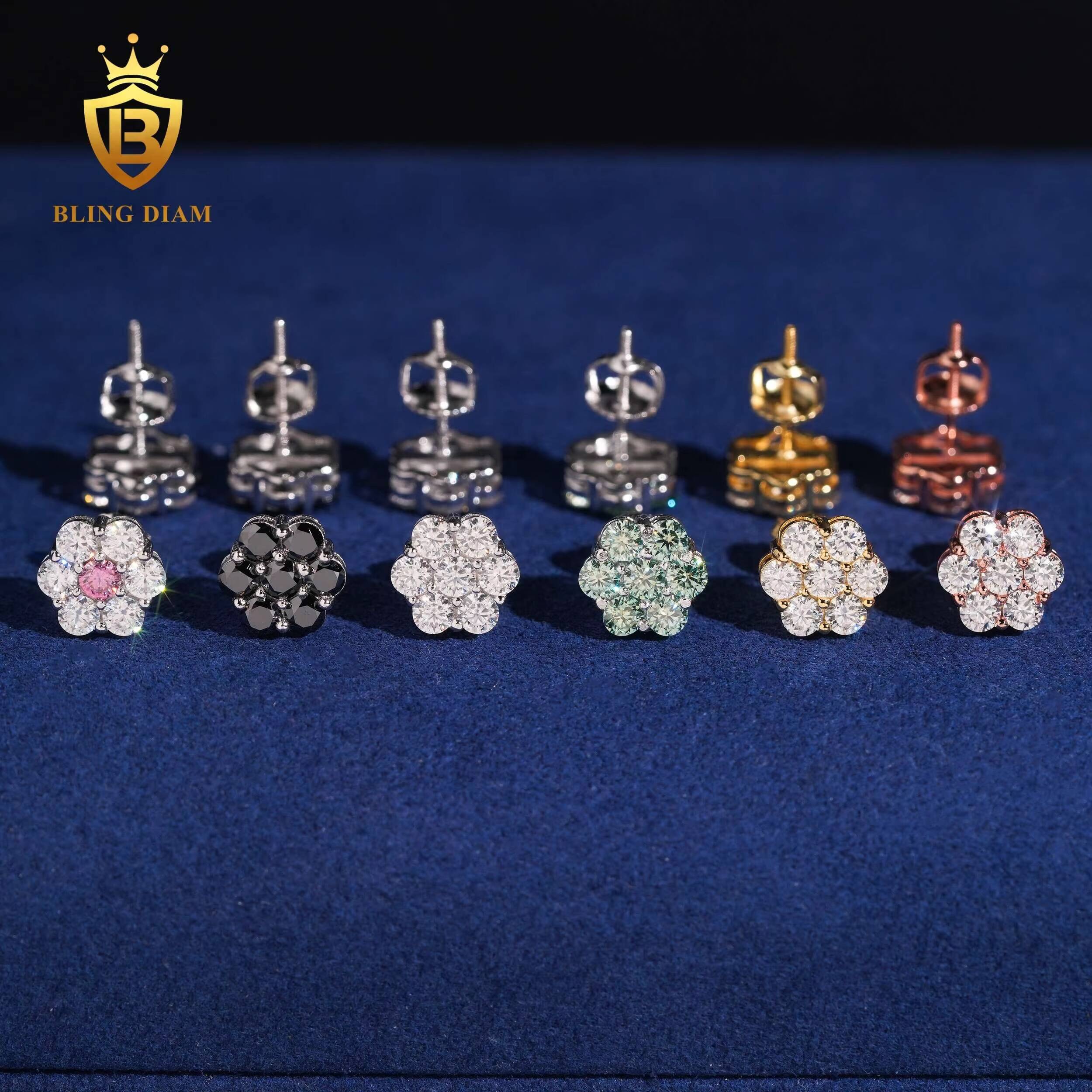 Hip Hop Fine Jewelry Sterling Silver 925 VVS Moissanite Diamond Stud Earrings Iced Out Flower Earrings