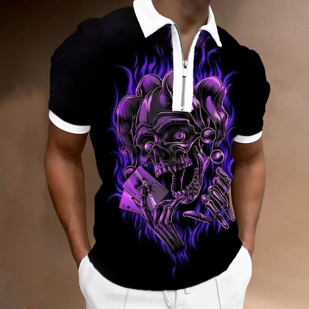 New 3D Printed Skull T-Shirt Men's Casual Zipper Short Sleeve Polo Shirt