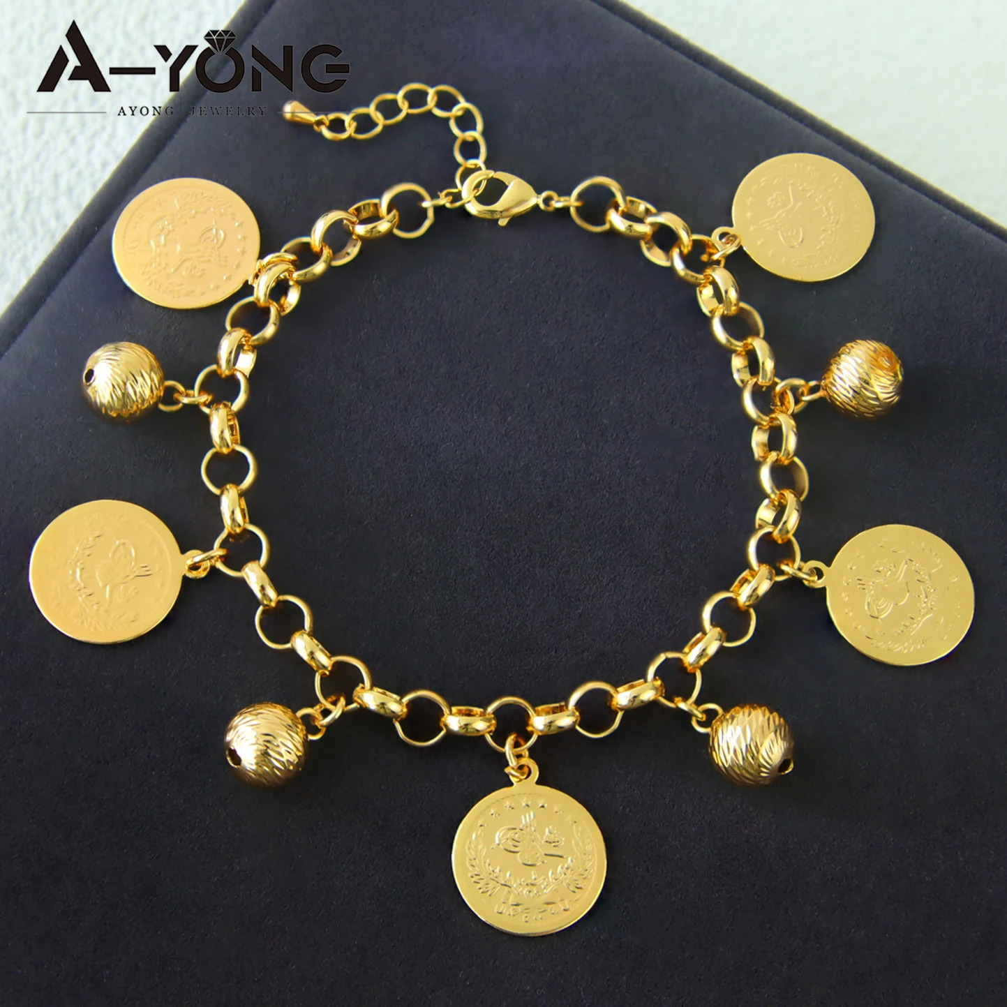 Saudi Muslim Gold Color Coins Bracelet 21k Gold Plated Elegant Balls Bangles Nigeria Brazilian Women Wedding Party Jewelry 250807