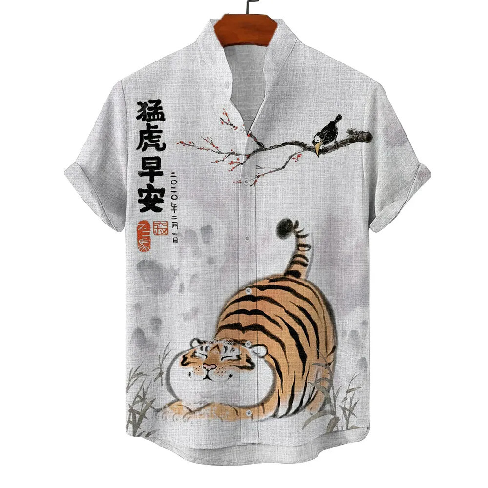 Hawaiian mens summer shirt 3d vacation animal tiger print casual short sleeve floral fashion vintage 250804