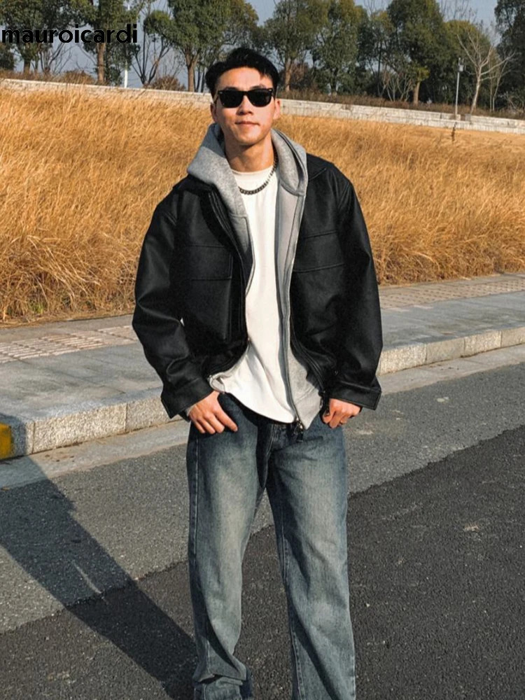 Mauroicardi Spring Cool Handsome Oversized Short Matte Black Pu Leather jacket Men Zipper Pockets Loose er Clothes 250811