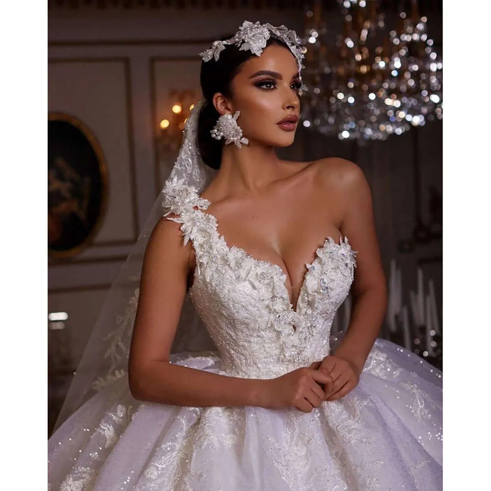 Luxury Princess One Shoulder Ball Gown Wedding Dress Lace Pearls Beaded Floral Sheer Neck White Bridal Gown Vestido De Novia