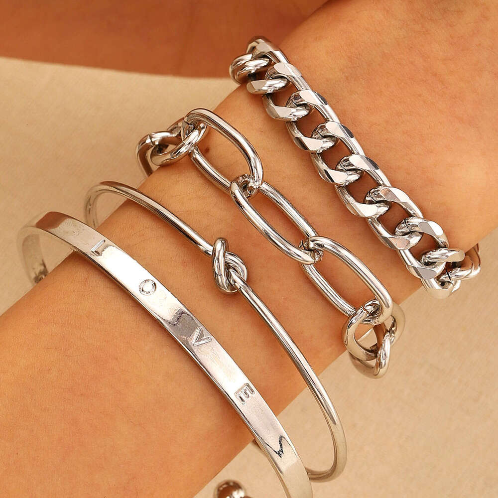 Alloy Dia-Encrusted of Four Punk Stacking Hip-Hop Bracelet Set for Women