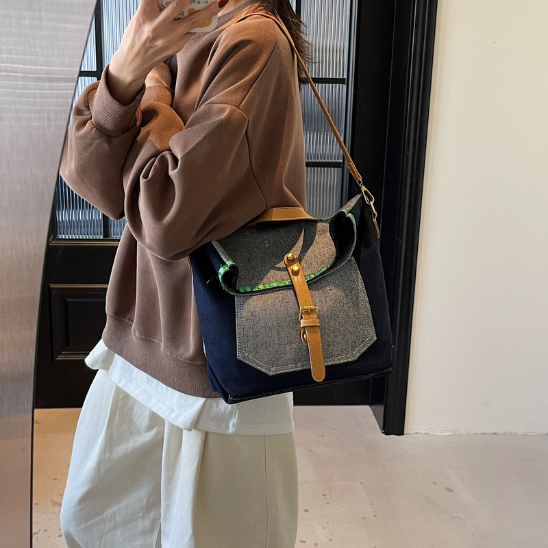 Denim for Women New Color-Block Fashion Versatile Shoulder Large Capacity Commuter Crossbody Tote Bag