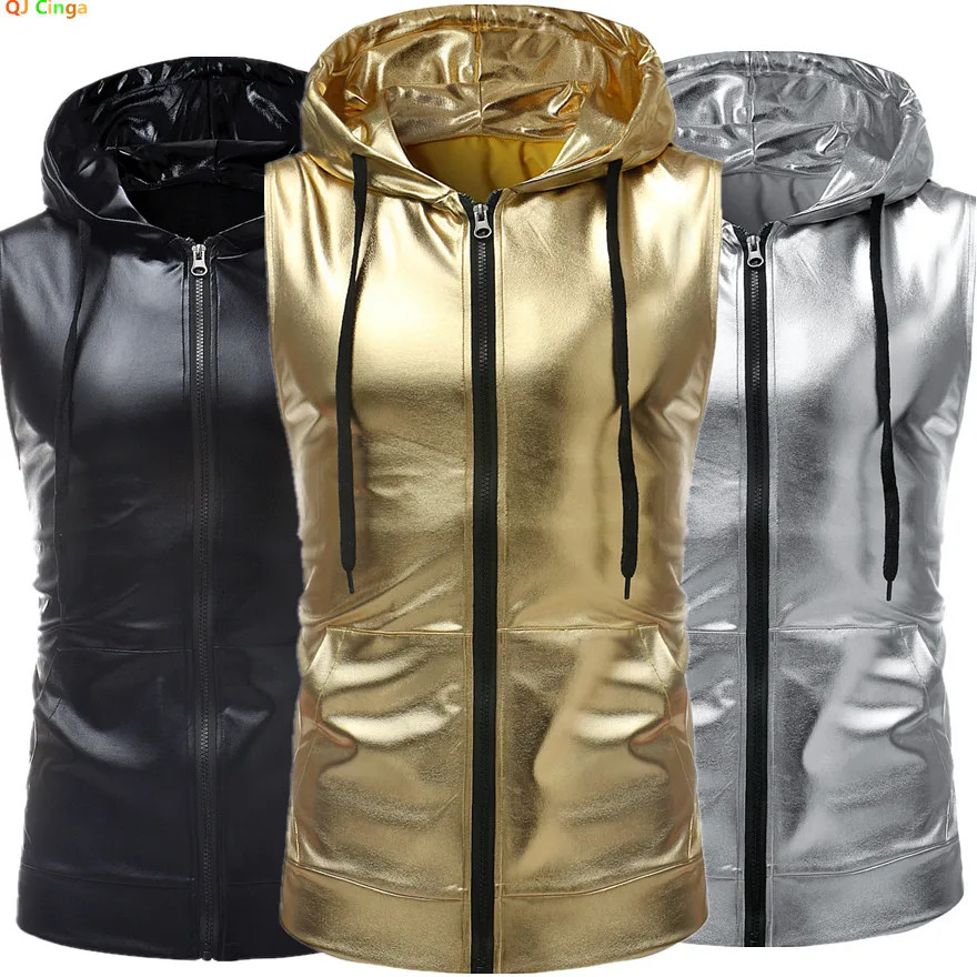 Gold Mens Hooded Vest JacketZipper Access Sleeveless Vests Coat SilverBlack Waistcoat Size SXXL 250805