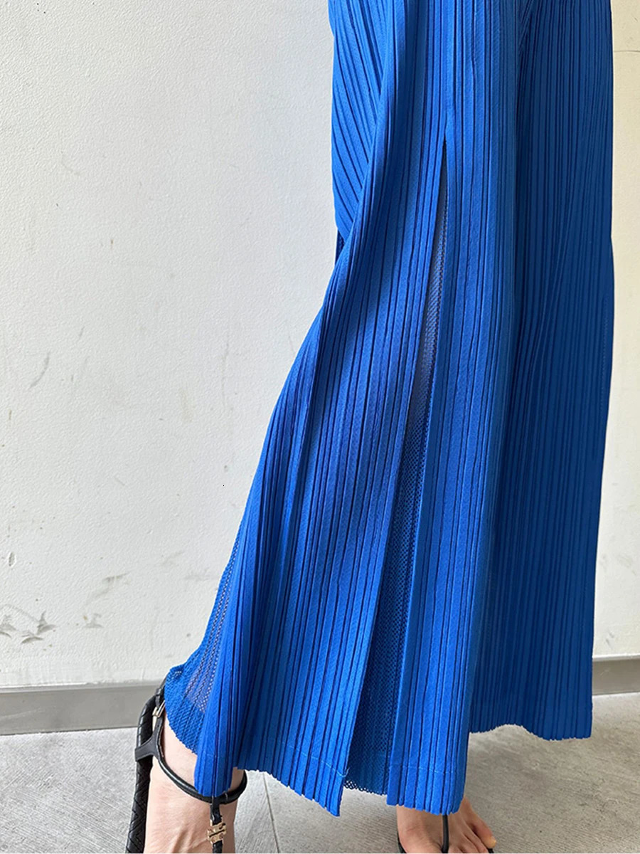 Miyake Pleated Mesh Spliced Casual Pants Women Summer Korean Fashion er Elastic Waist Cropped Straight Wide Leg Pants 250811