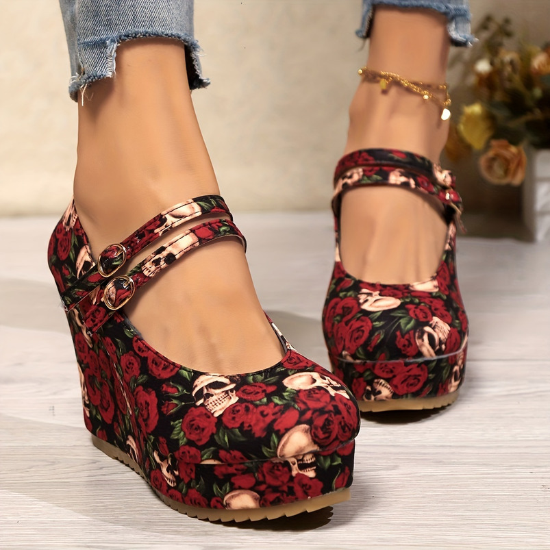 Graceful Ladies Wedge High Heels with Rose Print Glitter Embellishments - Comfortable and Stain-Resistant All-Season Platform Shoes