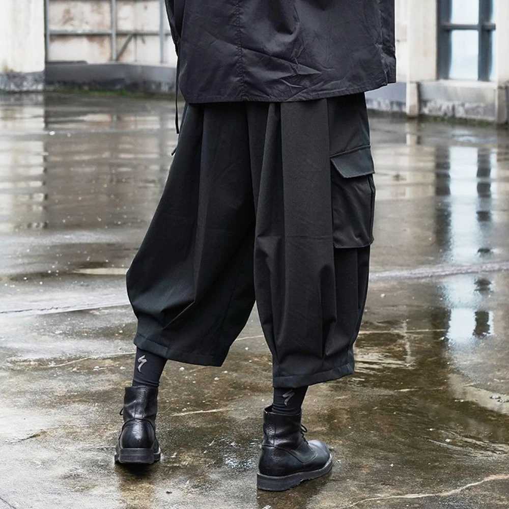 Mens Y2K Cargo Multi-Pocket Wide-Leg Pants Spring Streetwear Dark Gothic Punk Drawstring Casual Pants Mens Clothing 2025 New X250812