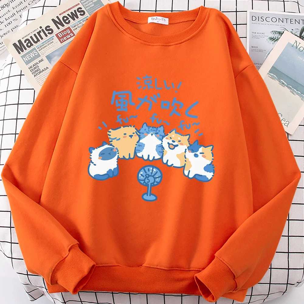 5 Cats Blowing Fans Cute Print Sweatshirt Men Women Personality Casual Hoodies Crewneck Loose Hoody Fashion Cartoons Hoody Y250811