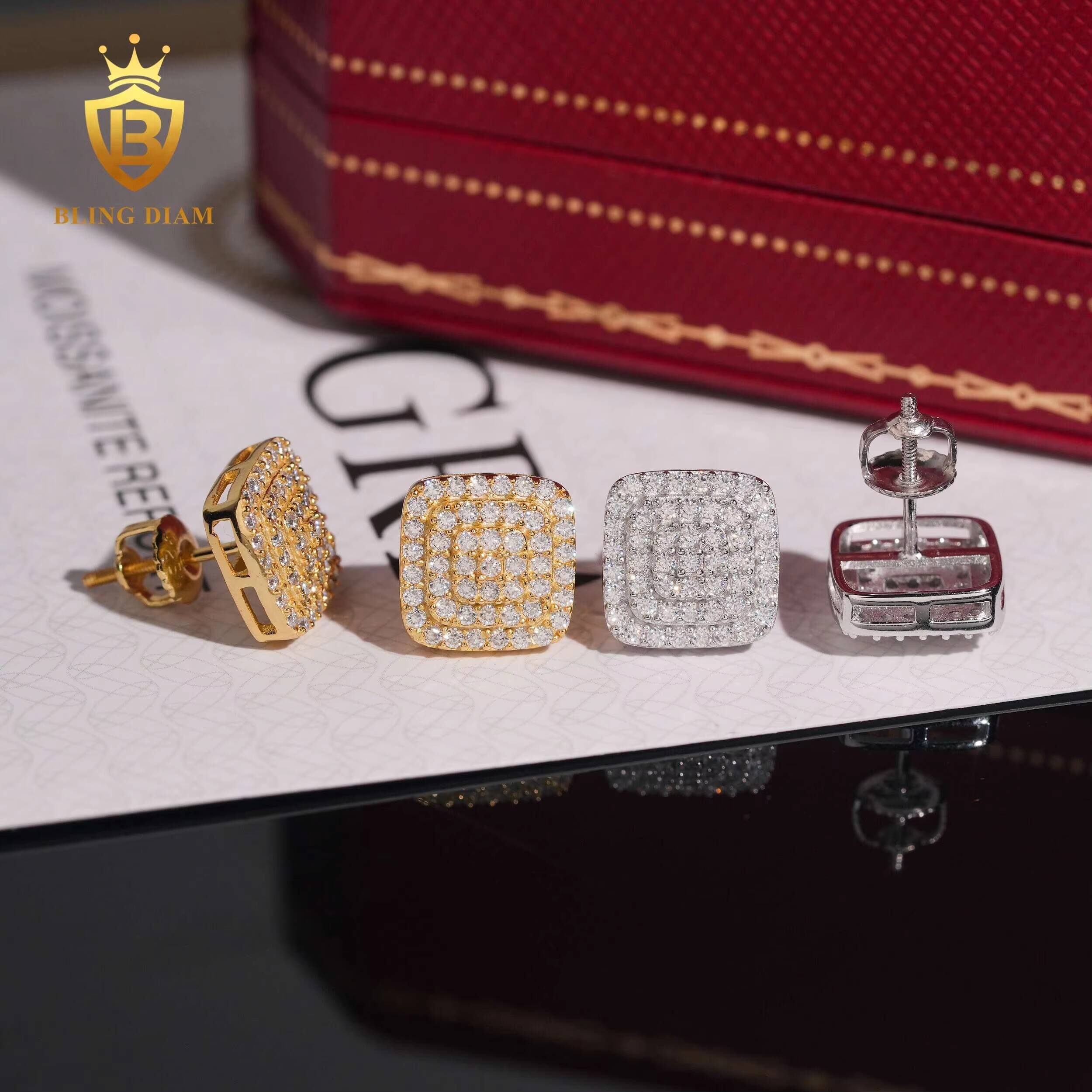 Luxury Jewelry Wholesale 925 Silver Gold Plated Vvs Moissanite Square Earrings Drop Screw Back Stud Cluster for Man Women
