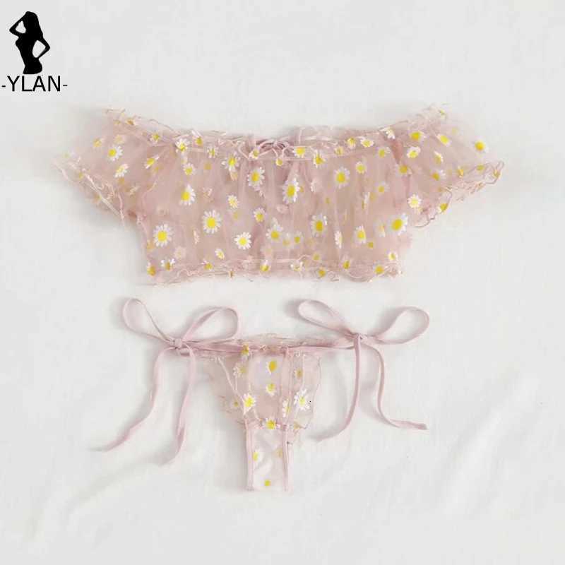 Wire Free Lingerie Set Off-Shoulder Sexy Womens Underwear Small Chest Bralette+Thong Lace Swimsuit Beachwear New Flower Bra SetXJ250812