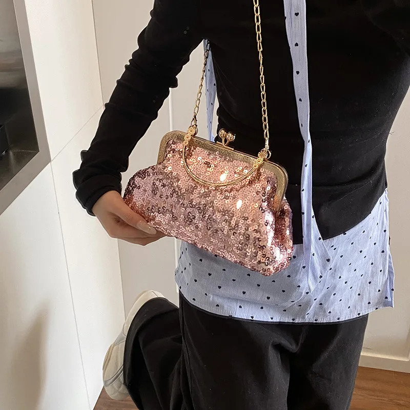 Trendy Shining Gold Silver Pink Sequin Ladies Dinner Evening Bags Metal Chain Shoulder Bag Crossbody For Women Prom Party Clutch 250809