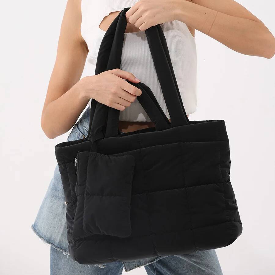 Casual Quilted Padded Tote Soft Nylon Puffer Women Handbags Large Capacity Shoulder Bag With Small Purse Warm Winte Bags2025