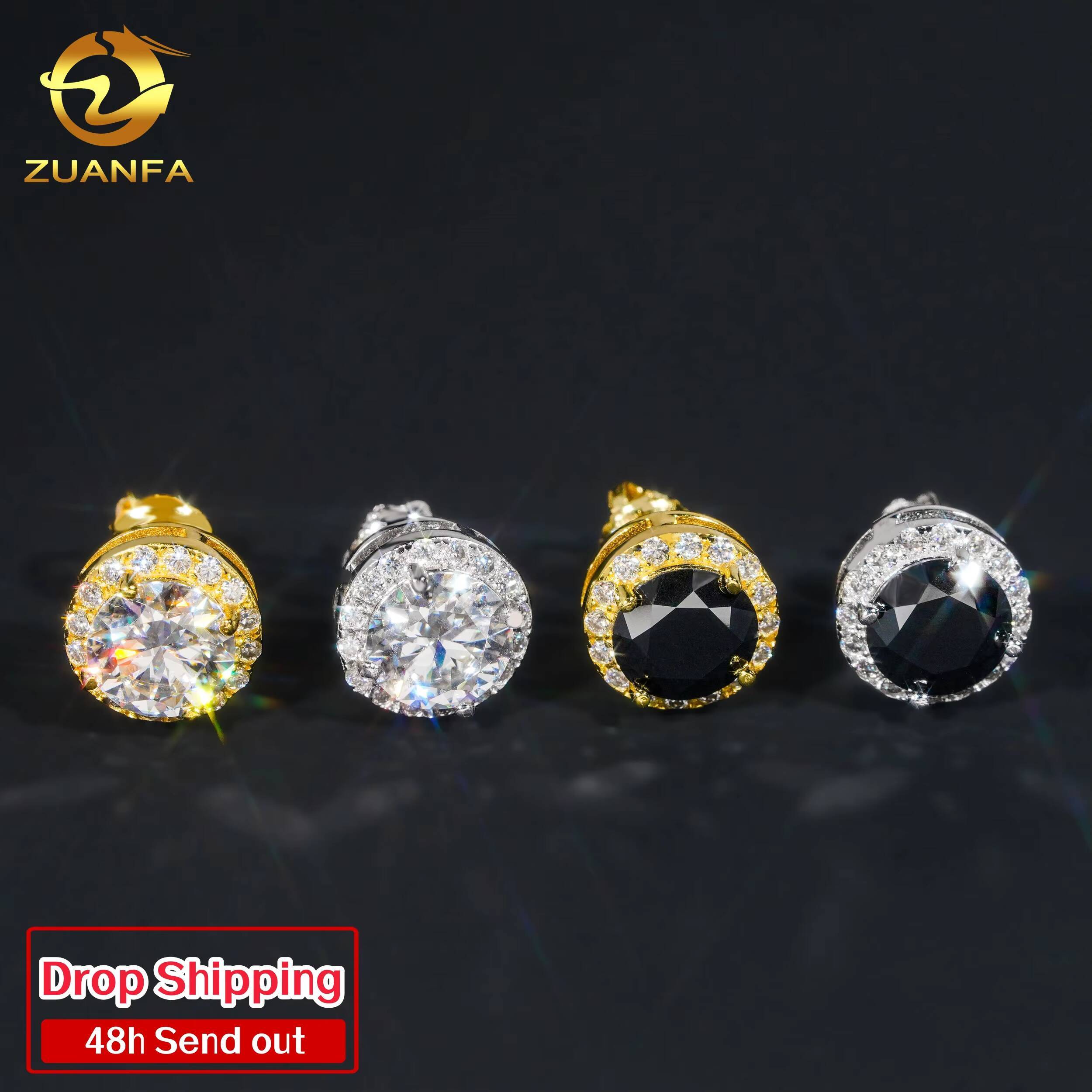 Drop Shipping Screw Back 18k Plated Moissanite Stud Earrings 925 Silver Classic Solitaire Halo Black Moissanite Diamond Earring