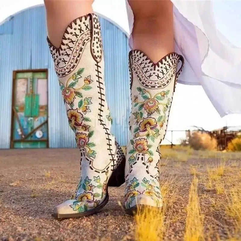 White Embroider Western Boots For Women Leather Chunky Heels Cowboy Boots Slip-on Shoes M250812