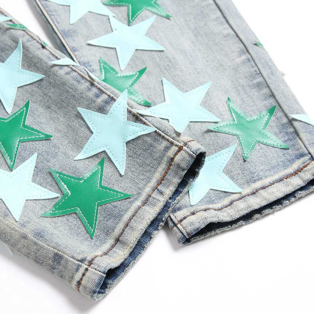 Men Leather Stars Patch Denim Jeans Streetwear Slim Tapered Pants with Holes Ripped Distressed Stretch Cotton Trousers X250812